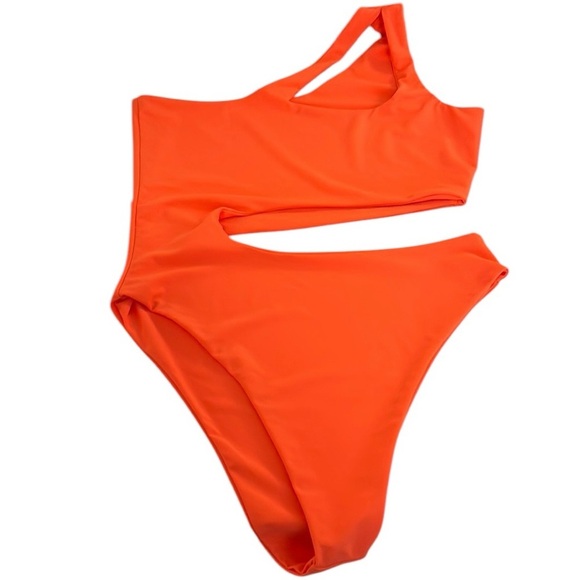 Women's Neon Coral One Piece Cutout Summer Swimsuit No Padding Size Large - Picture 2 of 5